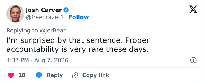 A social media comment from Josh Carver discussing accountability for the drunk woman who ended a bride's life. A social media comment from Josh Carver discussing accountability for the drunk woman who ended a bride's life.