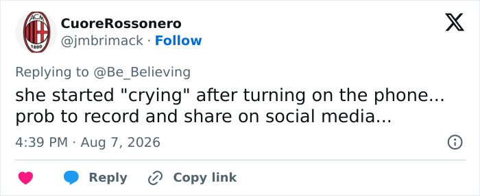 A tweet by CuoreRossonero, @jmbrimack, saying, she started crying after turning on the phone... prob to record and share on social media... about the family surprise.