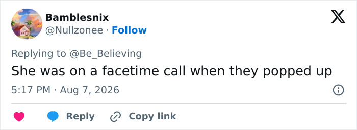 A tweet by Bamblesnix explaining a daughter's reaction to her family's surprise while on a call.