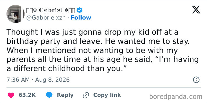 A tweet about a kid who wanted his parent to stay at a birthday party, proving the comedy of raising kids.