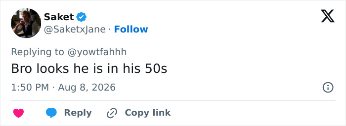 A tweet stating, Bro looks he is in his 50s, highlighting a Hollywood star aging like milk. A tweet stating, Bro looks he is in his 50s, highlighting a Hollywood star aging like milk.