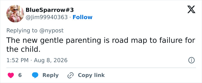 Tweet by BlueSparrow#3 criticizing gentle parenting in context of an unruly toddler flight incident. Tweet by BlueSparrow#3 criticizing gentle parenting in context of an unruly toddler flight incident.