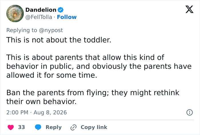 A social media post from Dandelion suggesting banning parents for their unruly toddler's behavior causing flight cancellation. A social media post from Dandelion suggesting banning parents for their unruly toddler's behavior causing flight cancellation.