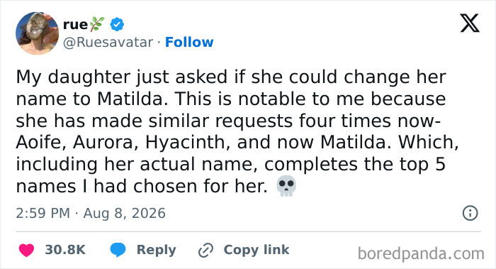 A tweet from a parent whose daughter asked to change her name to Matilda, highlighting the comedy of raising kids.