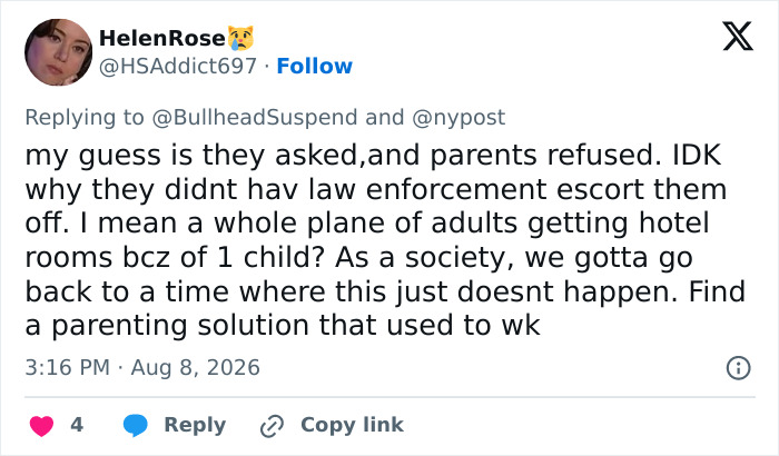 A social media post from HelenRose discussing the unruly toddler and flight cancellation. A social media post from HelenRose discussing the unruly toddler and flight cancellation.