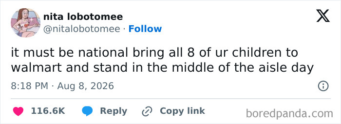 Funny tweet about bringing children to Walmart, contributing to the good mood of August.