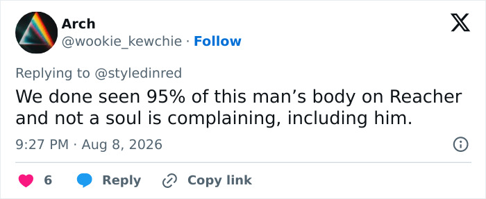 Tweet by Arch, noting Alan Ritchson's shirtless moments on Reacher are widely accepted by fans. Tweet by Arch, noting Alan Ritchson's shirtless moments on Reacher are widely accepted by fans.