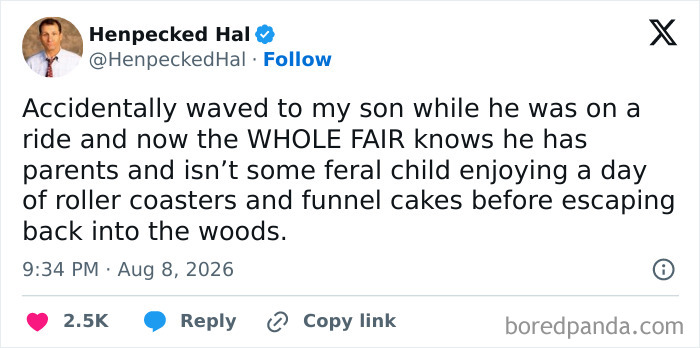 A tweet about a father accidentally waving to his son at a fair, a humorous moment in raising kids.