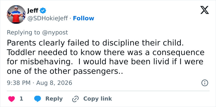 A social media post from Jeff criticizing parents for an unruly toddler causing flight cancellation. A social media post from Jeff criticizing parents for an unruly toddler causing flight cancellation.