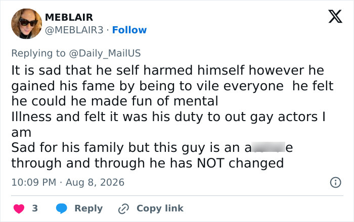 A critical tweet from MEBLAIR about Perez Hilton, discussing his past behavior and lack of change. A critical tweet from MEBLAIR about Perez Hilton, discussing his past behavior and lack of change.