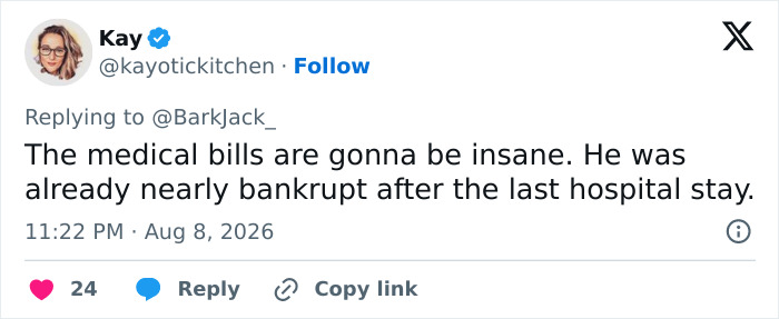 Screenshot of a tweet by Kay discussing Perez Hilton's financial struggles after significant injuries and previous hospital stays. Screenshot of a tweet by Kay discussing Perez Hilton's financial struggles after significant injuries and previous hospital stays.