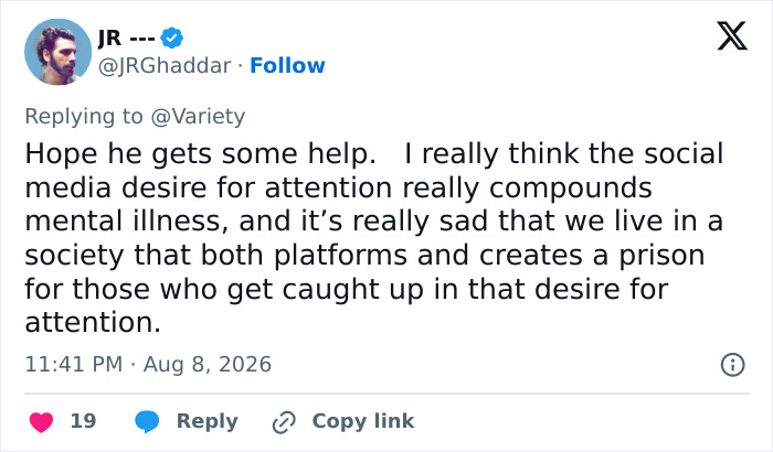 A social media comment about Perez Hilton's injuries, discussing mental illness and desire for attention. A social media comment about Perez Hilton's injuries, discussing mental illness and desire for attention.