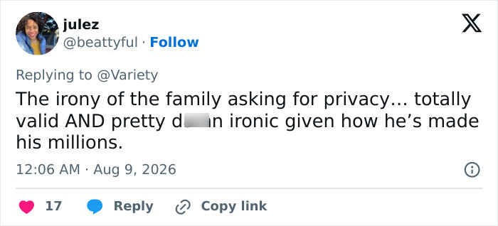 A social media comment discussing the irony of Perez Hilton's family asking for privacy given his career. A social media comment discussing the irony of Perez Hilton's family asking for privacy given his career.
