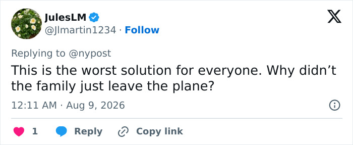 JulesLM tweet about an unruly toddler causing a flight cancellation, questioning why the family didn't leave. JulesLM tweet about an unruly toddler causing a flight cancellation, questioning why the family didn't leave.