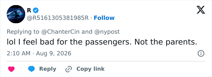 A social media comment expressing sympathy for passengers after a flight was canceled due to an unruly toddler. A social media comment expressing sympathy for passengers after a flight was canceled due to an unruly toddler.