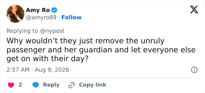 Amy Ro tweet on how an unruly toddler got a flight canceled, asking why the passenger wasn't removed. Amy Ro tweet on how an unruly toddler got a flight canceled, asking why the passenger wasn't removed.