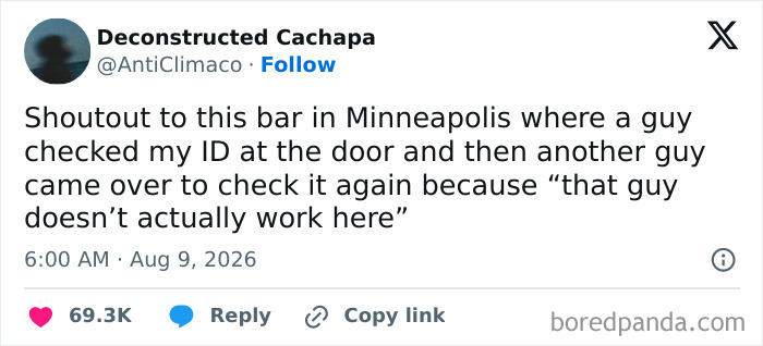 Funny tweet about an unusual ID check experience at a bar, adding to the August good mood.