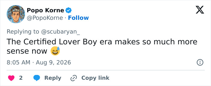 Screenshot of a tweet from Popo Korne about Drake's dating challenge, relating it to the Certified Lover Boy era.