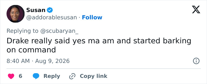 Screenshot of a tweet from Susan discussing Drake's dating challenge and his reaction to the Goth Baddie.
