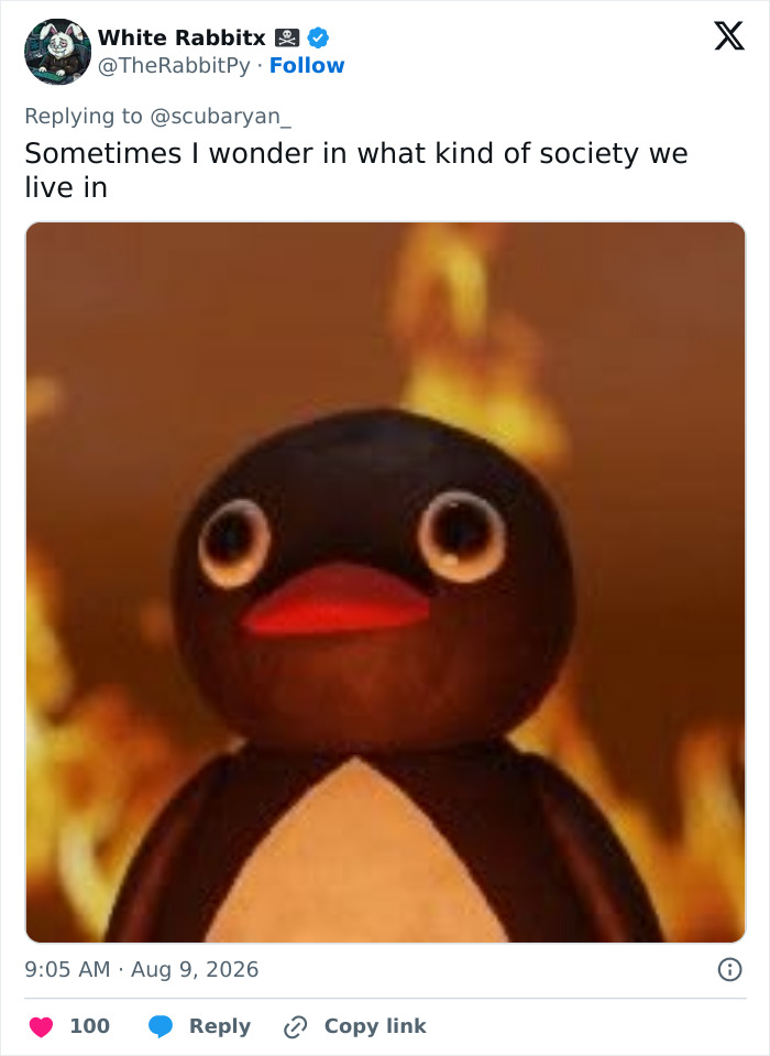 Image of a meme featuring a Goth Baddie-like penguin engulfed in flames, expressing surprise, related to Drake's dating challenge.