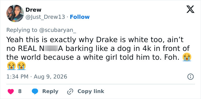 A social media user criticizes Drake's participation in the Goth Baddie dating challenge, questioning his actions.