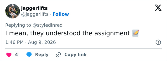 Tweet by jaggerlifts, commenting that they understood the assignment regarding Alan Ritchson's shirtless scene. Tweet by jaggerlifts, commenting that they understood the assignment regarding Alan Ritchson's shirtless scene.