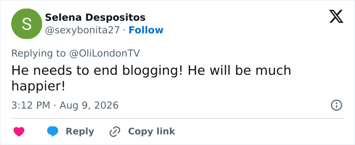 A social media post suggesting Perez Hilton stop blogging for his happiness, in response to his injuries. A social media post suggesting Perez Hilton stop blogging for his happiness, in response to his injuries.