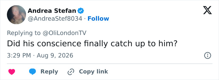 Screenshot of a tweet by Andrea Stefan asking, 'Did his conscience finally catch up to him?' regarding Perez Hilton's injuries. Screenshot of a tweet by Andrea Stefan asking, 'Did his conscience finally catch up to him?' regarding Perez Hilton's injuries.