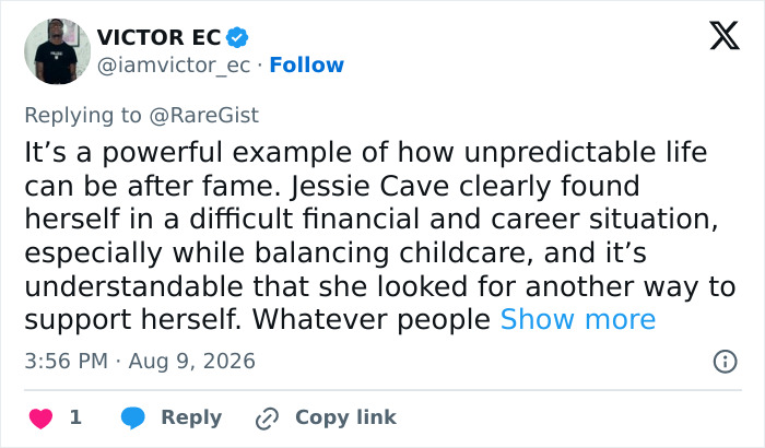A tweet about Harry Potter star Jessie Cave's career, and her transition to an adult creator. A tweet about Harry Potter star Jessie Cave's career, and her transition to an adult creator.