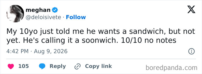A tweet about a 10-year-old calling a sandwich a 'soonwich,' showcasing the comedy of raising kids.