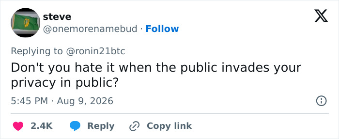 A tweet by user steve asking, Dont you hate it when the public invades your privacy in public? about the metro station escalator hero. A tweet by user steve asking, Dont you hate it when the public invades your privacy in public? about the metro station escalator hero.