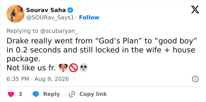 Tweet from Sourav Saha discussing Drake's quick change from 'Gods Plan' to 'good boy' after the Goth Baddie challenge.