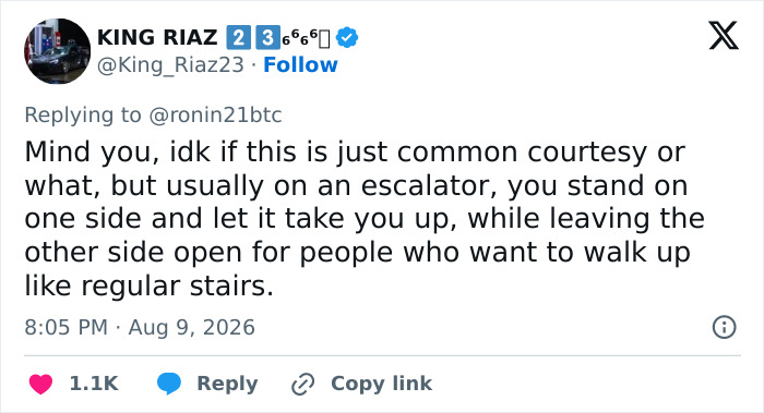 A social media post about escalator etiquette: stand on one side, leave the other open for walking, for the metro station hero. A social media post about escalator etiquette: stand on one side, leave the other open for walking, for the metro station hero.