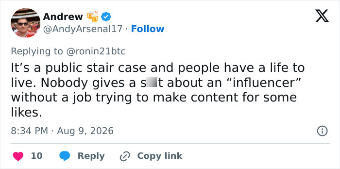A tweet by user Andrew criticizing influencers making content on a public staircase. Hero pushes past women filming on metro station escalator. A tweet by user Andrew criticizing influencers making content on a public staircase. Hero pushes past women filming on metro station escalator.