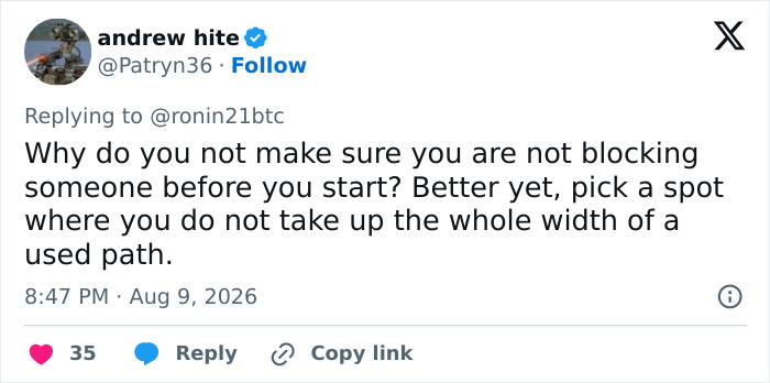 A tweet by user andrew hite asking why people block paths when filming. Hero pushes past women filming on metro station escalator. A tweet by user andrew hite asking why people block paths when filming. Hero pushes past women filming on metro station escalator.