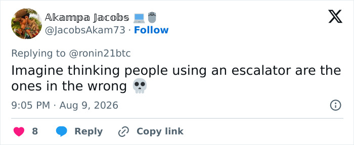 A social media post by Akampa Jacobs, commenting on the man becoming the internet's latest hero on the metro escalator. A social media post by Akampa Jacobs, commenting on the man becoming the internet's latest hero on the metro escalator.