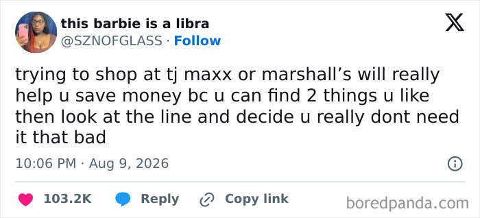 Funny tweet about saving money by avoiding long lines at TJ Maxx or Marshalls, keeping the August good mood.