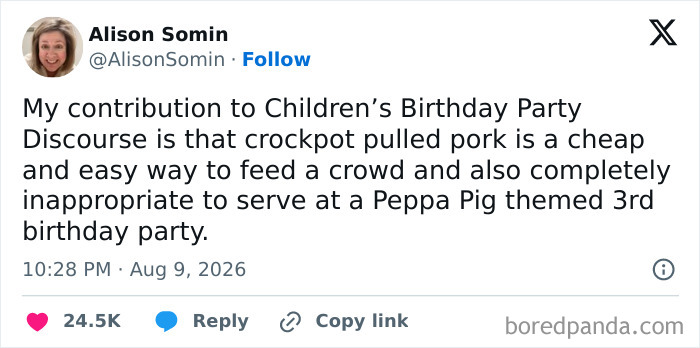 A tweet about the comedy of raising kids, specifically a parent suggesting crockpot pulled pork for a Peppa Pig themed birthday party.
