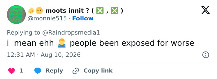 A social media comment from moots innit about the Goth Baddie transformation, saying people been exposed for worse. A social media comment from moots innit about the Goth Baddie transformation, saying people been exposed for worse.
