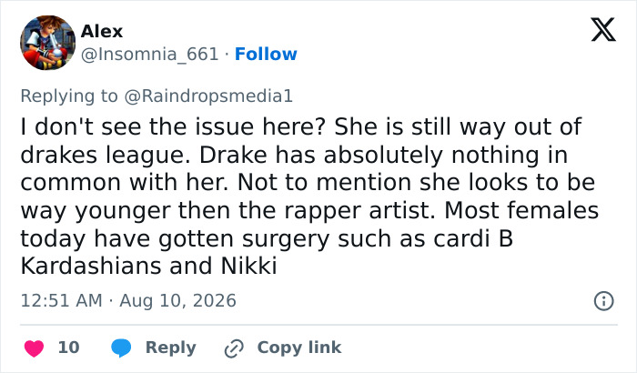 A social media post debating the Goth Baddie and Drake's relationship, highlighting fan marvel at her transformation. A social media post debating the Goth Baddie and Drake's relationship, highlighting fan marvel at her transformation.