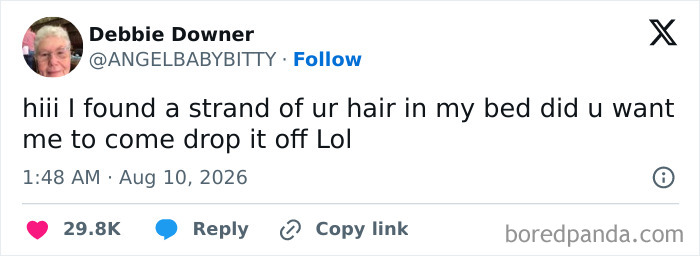 Funny tweet about finding hair in bed, a quirky post to keep the August good mood going.