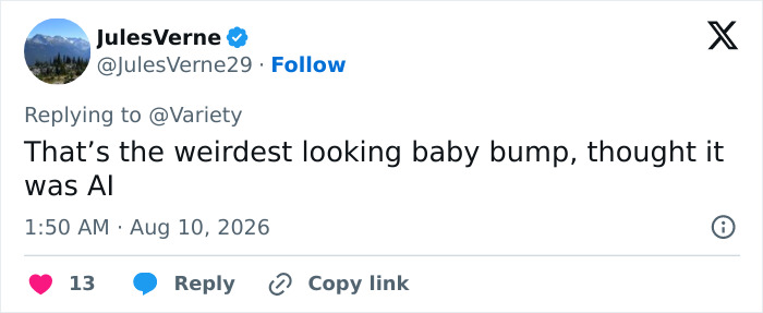 Screenshot of a tweet commenting on Anne Hathaway's baby bump, finding it unusual and AI-like.