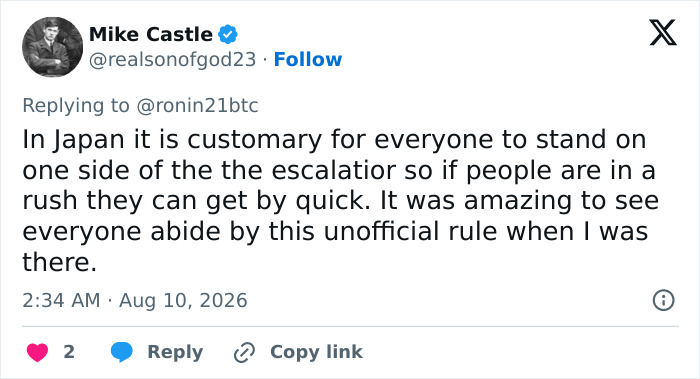 A tweet by user Mike Castle discussing customary escalator etiquette in Japan. Hero pushes past women filming on metro station escalator. A tweet by user Mike Castle discussing customary escalator etiquette in Japan. Hero pushes past women filming on metro station escalator.