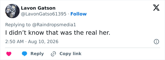 Tweet by Lavon Gatson expressing surprise at seeing a Goth Baddie's transformation in old photos. Tweet by Lavon Gatson expressing surprise at seeing a Goth Baddie's transformation in old photos.