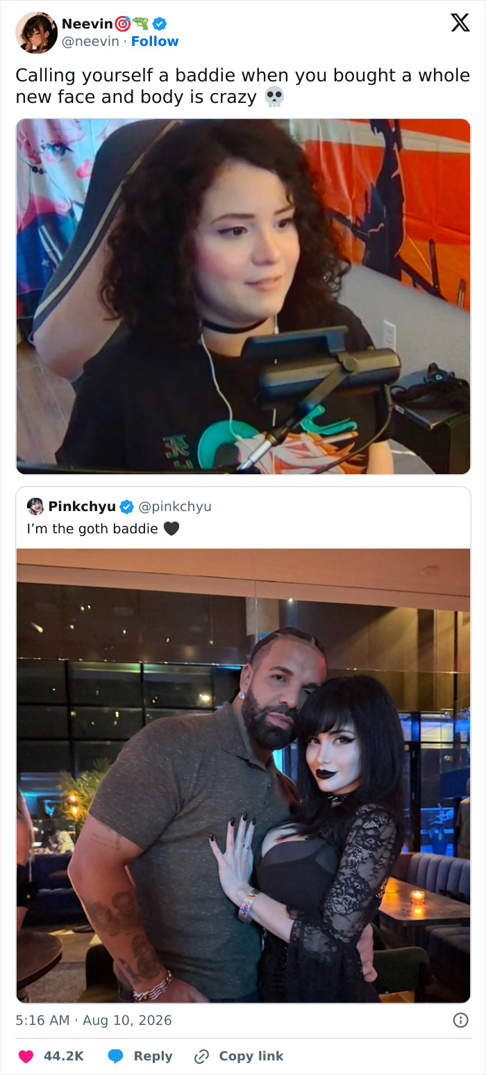 A tweet from Neevin and Pinkchyu discussing a Goth baddie and her adult content account. A tweet from Neevin and Pinkchyu discussing a Goth baddie and her adult content account.
