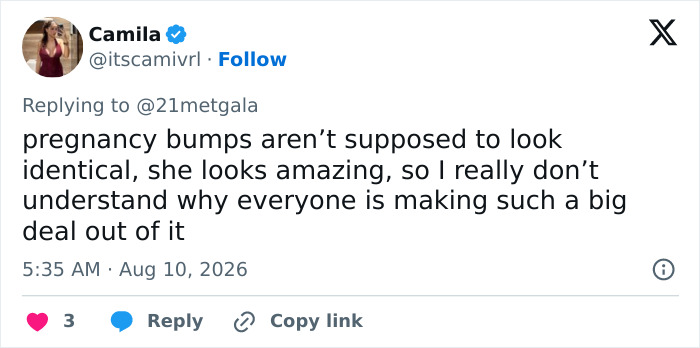 A tweet from Camila defending Anne Hathaway's pregnancy bump and red carpet maternity outfit.