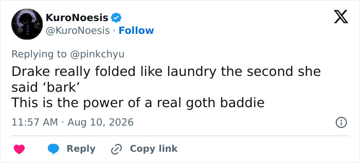 Screenshot of a tweet from KuroNoesis commenting on Drake's dating challenge, mentioning a Goth Baddie and Drake folding.