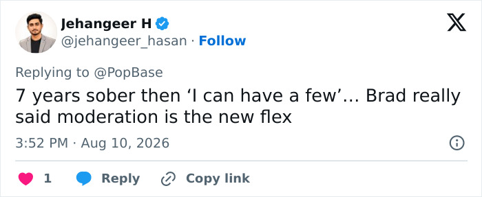 Brad Pitt drinking: Tweet from Jehangeer H reacting to Brad Pitt's seven-year sobriety and new approach. Brad Pitt drinking: Tweet from Jehangeer H reacting to Brad Pitt's seven-year sobriety and new approach.