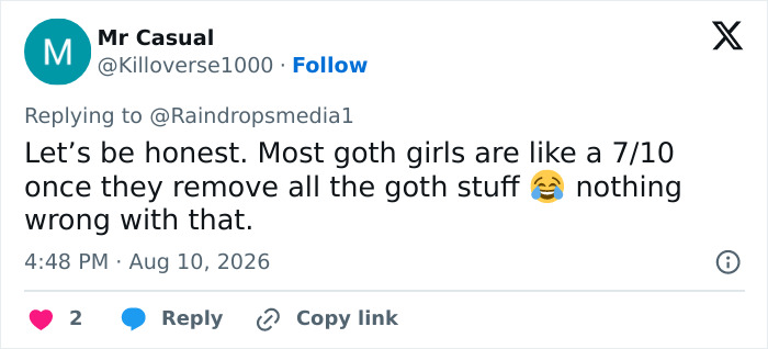 Tweet by Mr Casual commenting on goth girls' appearance without their goth attire, referencing a Goth Baddie transformation. Tweet by Mr Casual commenting on goth girls' appearance without their goth attire, referencing a Goth Baddie transformation.