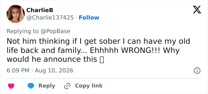 A social media post from CharlieB questioning Brad Pitt's announcement about sobriety and family. A social media post from CharlieB questioning Brad Pitt's announcement about sobriety and family.